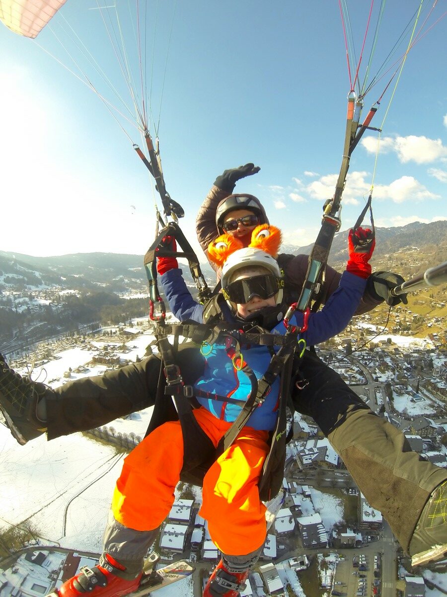 child paragliding tandem french alps